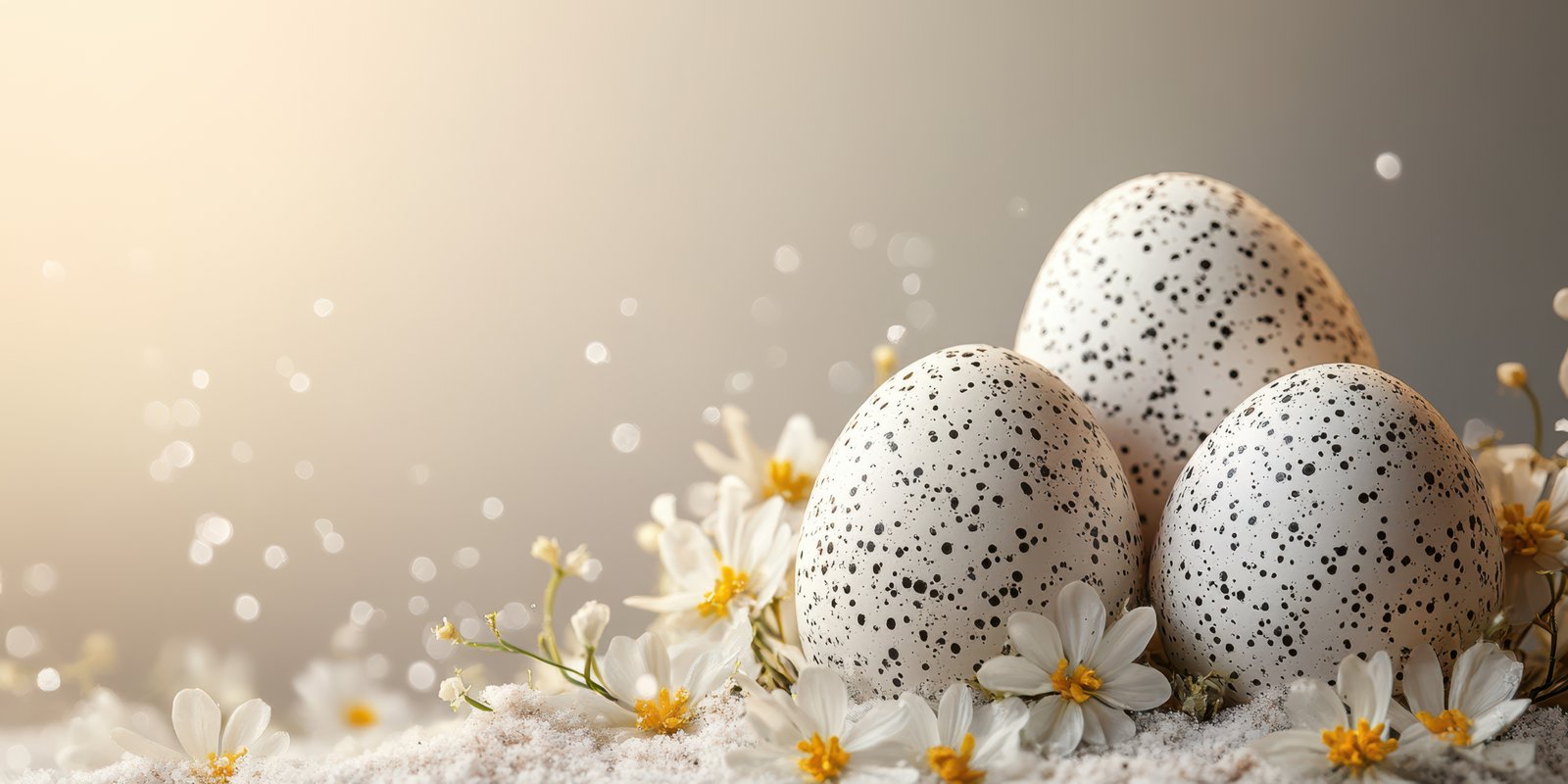 Decorative speckled eggs surrounded by flowers create a spring atmosphere during a festive celebration